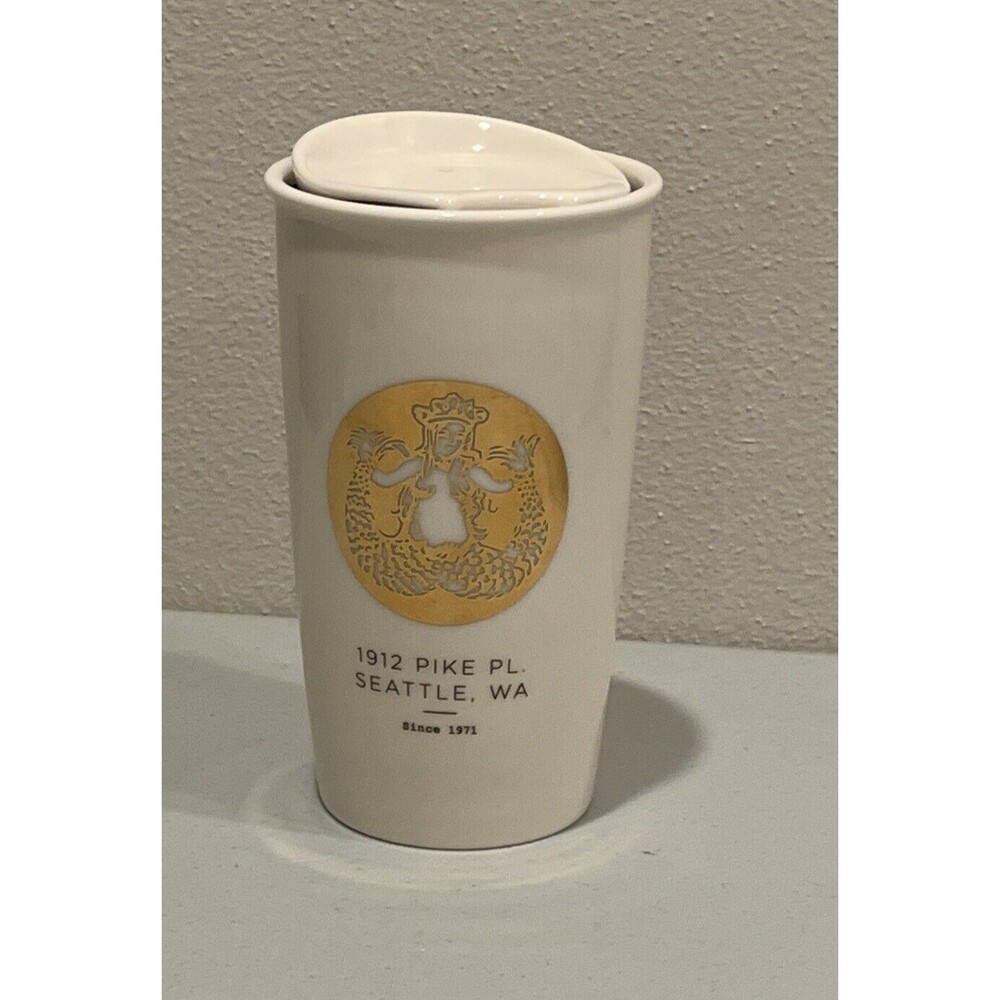 Starbucks Gold Mermaid 1912 Pike PL. Ceramic‎ Travel 12 Oz Tumbler NWOB